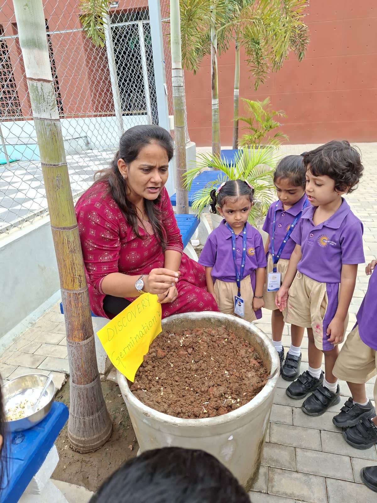 A teacher showing young students soil and seedlings in a gardening lesson